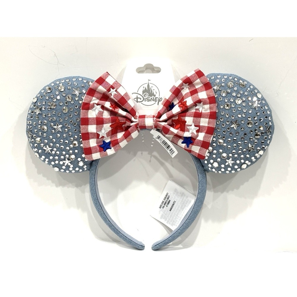 Disney Parks Patriotic Denim Rhinestone Mouse Ears Headband Bow NWT